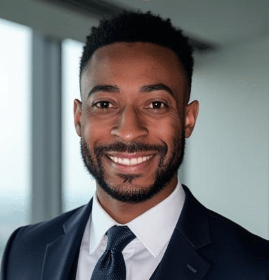 Portrait of a smiling Black man in a navy suit and tie, standing in a bright office.